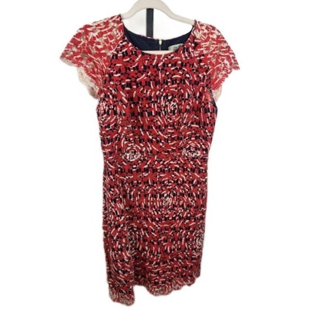 Elegant Beth Bowley Red White Blue Lace Cap Sleeve‎ Sheath Dress Size 8